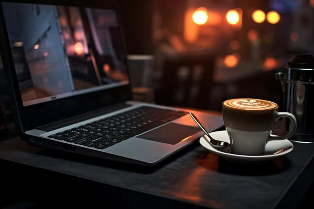 Best digital marketer ready with Laptop and coffee on a wooden desk representing readiness to connect with customers