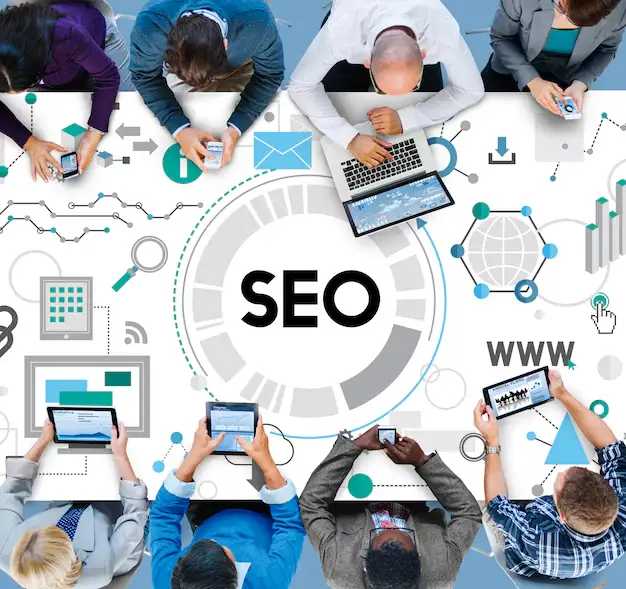 Digital marketers working on SEO strategy planning for improving website search rankings