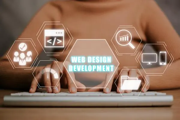 illustration of Web developer creating responsive web design layout on laptop